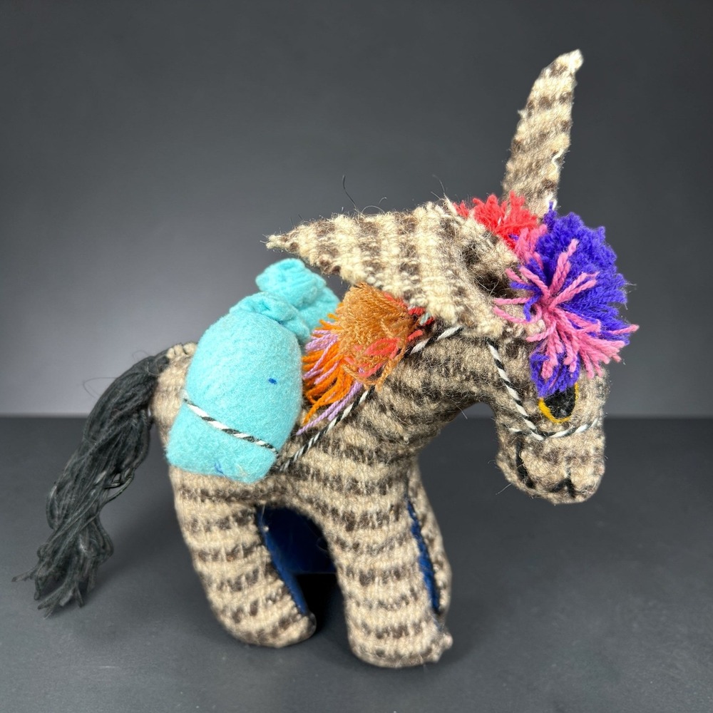 Vintage Mexican Folk Art Woven Wool Burro Donkey Figurine Colorful Yarn Pom Poms - Picture 2 of 11